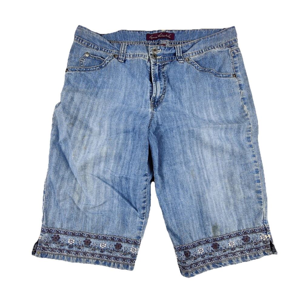 Gloria Vanderbilt Bermuda Shorts Womens 14 Blue Denim Floral Embroidered Stretch